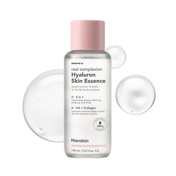 Hanskin Hyaluron Skin Essence Toner, botella elegante para hidratación profunda de la piel.