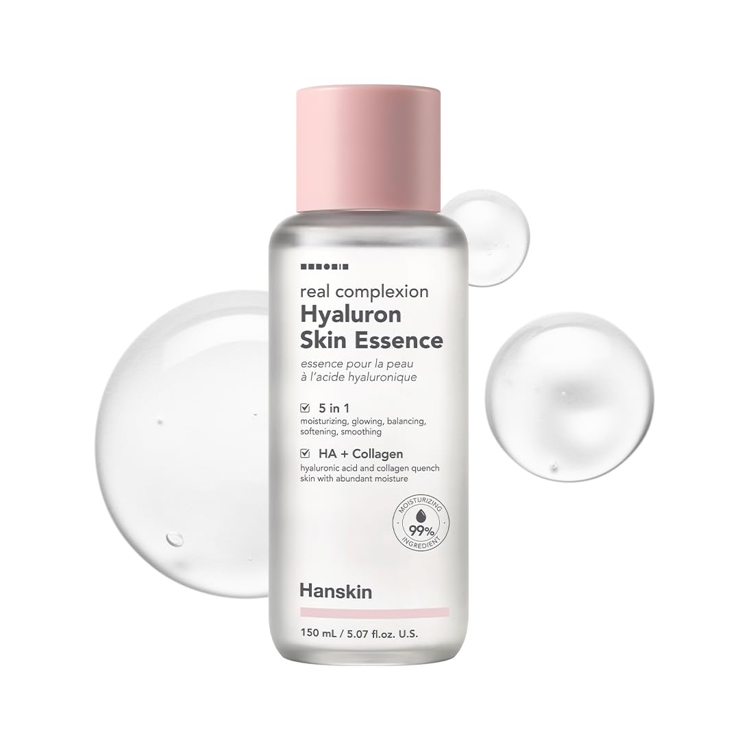 Hanskin Hyaluron Skin Essence Toner, botella elegante para hidratación profunda de la piel.