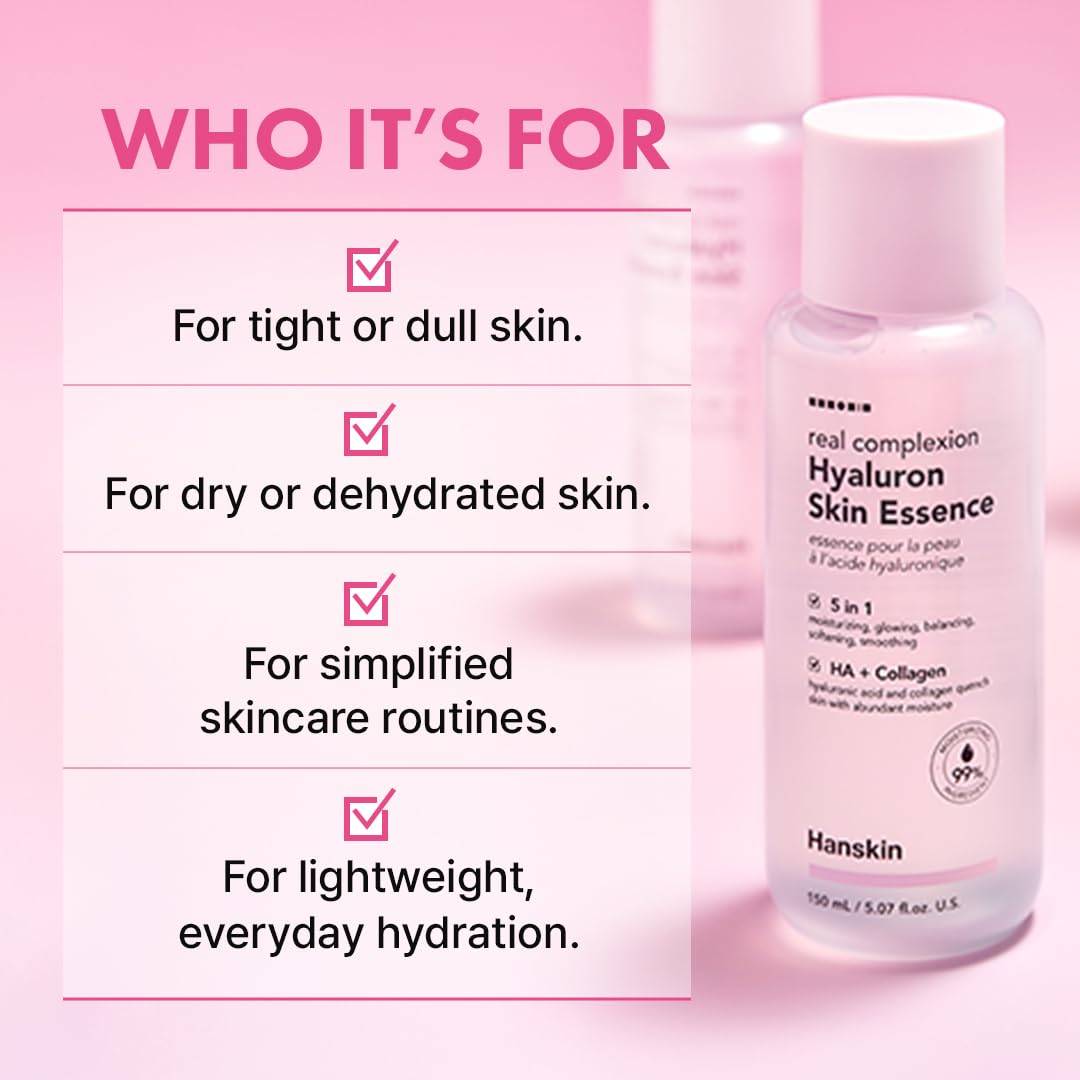 Hanskin Hyaluron Skin Essence Toner, envase minimalista para uso diario.