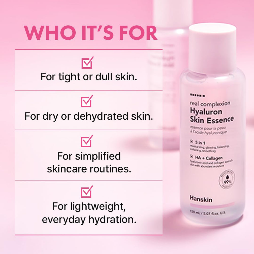 Hanskin Hyaluron Skin Essence Toner, envase minimalista para uso diario.