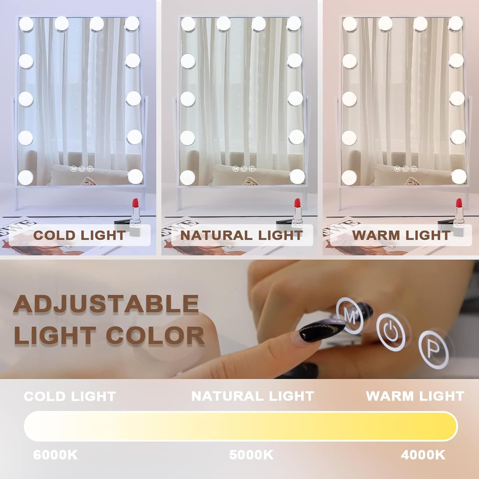 Hansong Espejo con tres modos de luz para maquillaje y entorno.