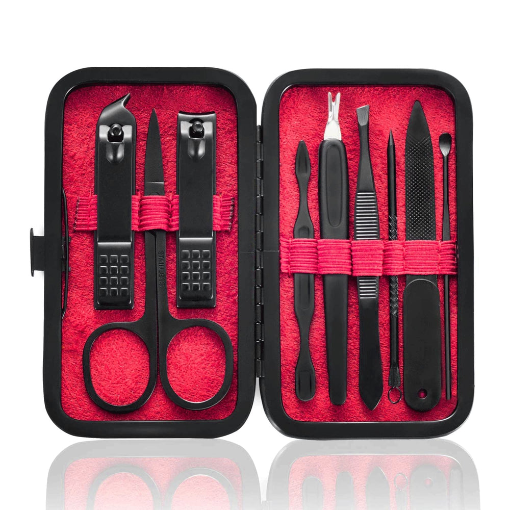 HANTEKAS set manicura 9 en 1 con estuche rojo abierto y herramientas de acero