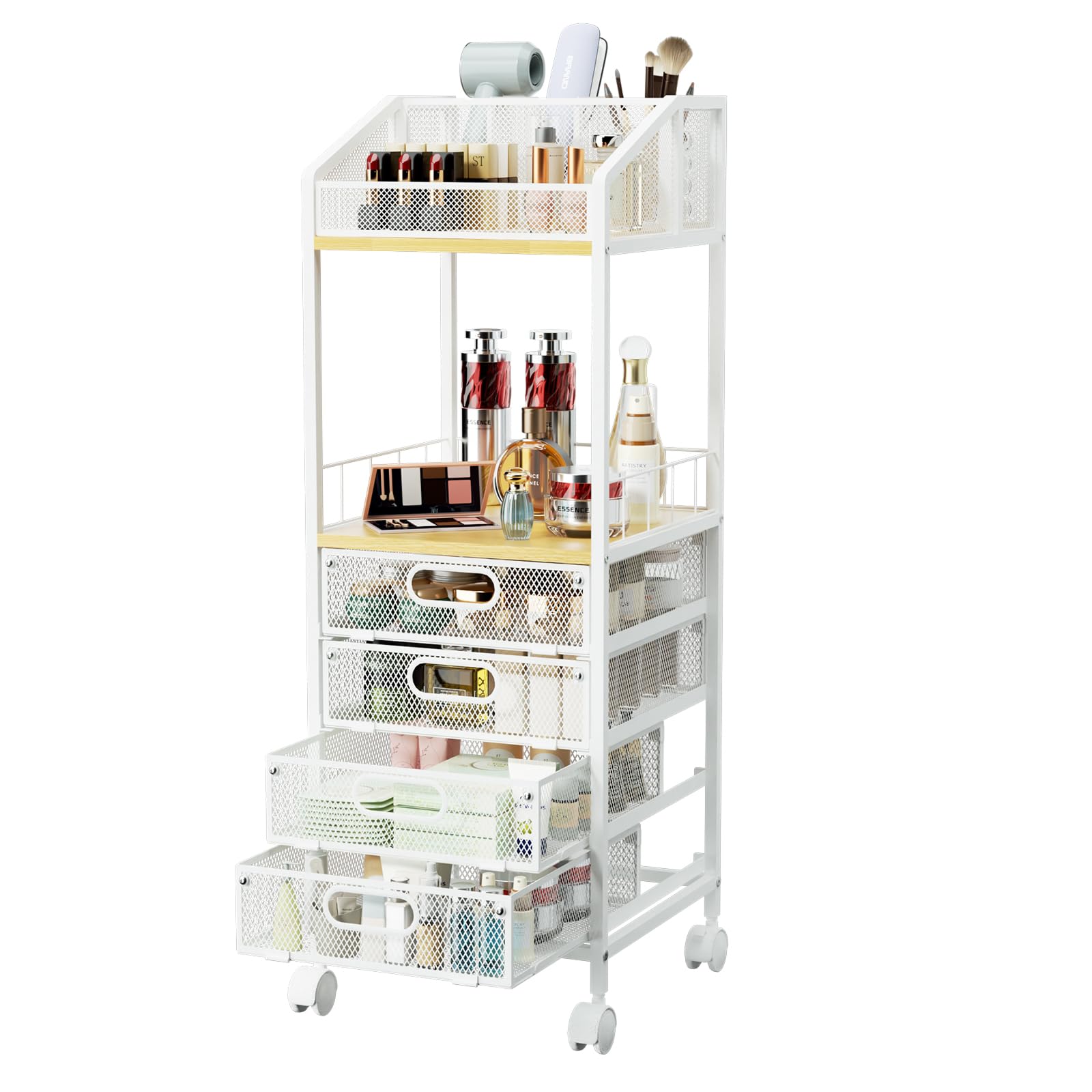 Carrito hapirm de maquillaje rodante visto frontal, ideal para acceso rápido a tus productos.