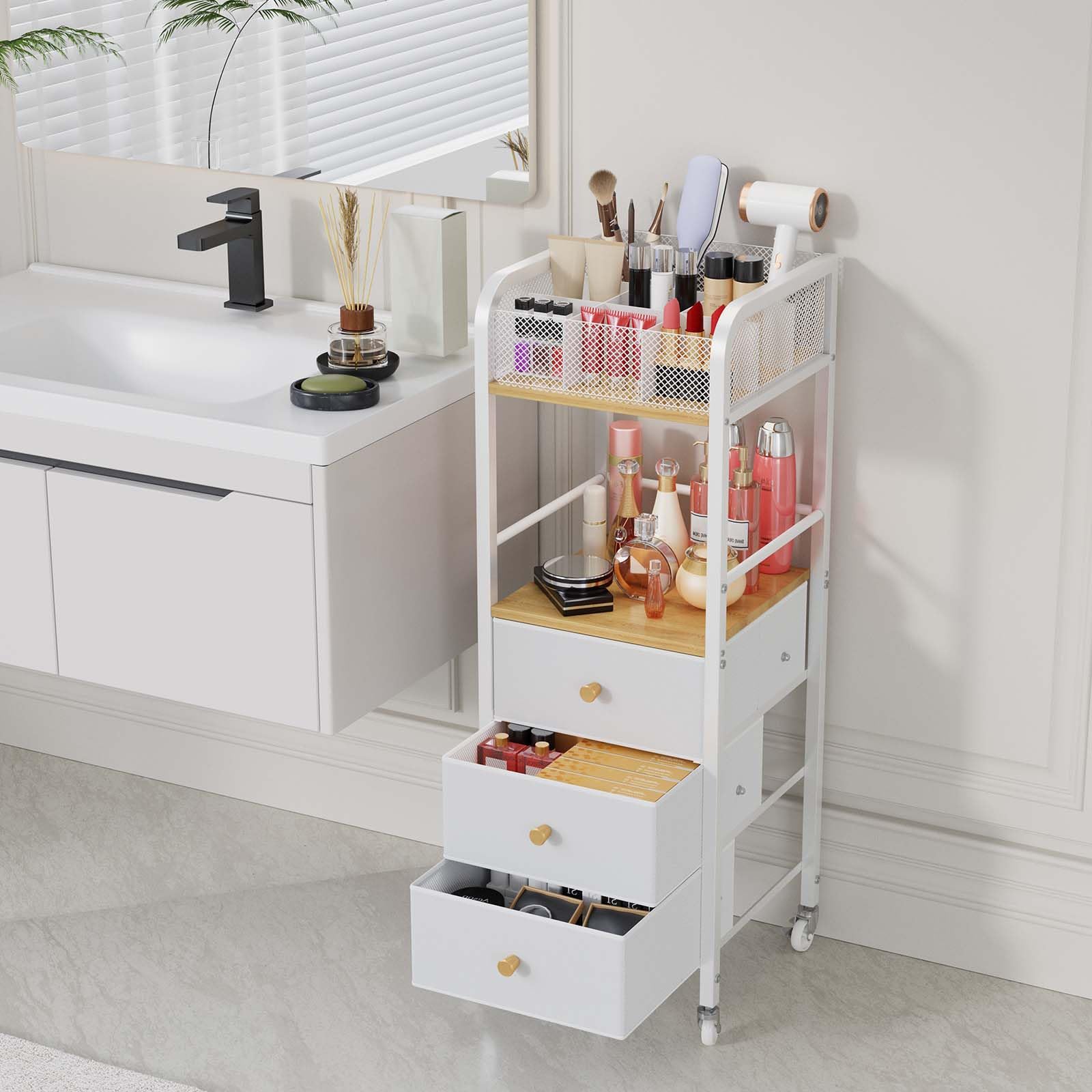 HapiRm Carrito organizador, divisiones superiores desmontables para brochas, labiales y perfumes.