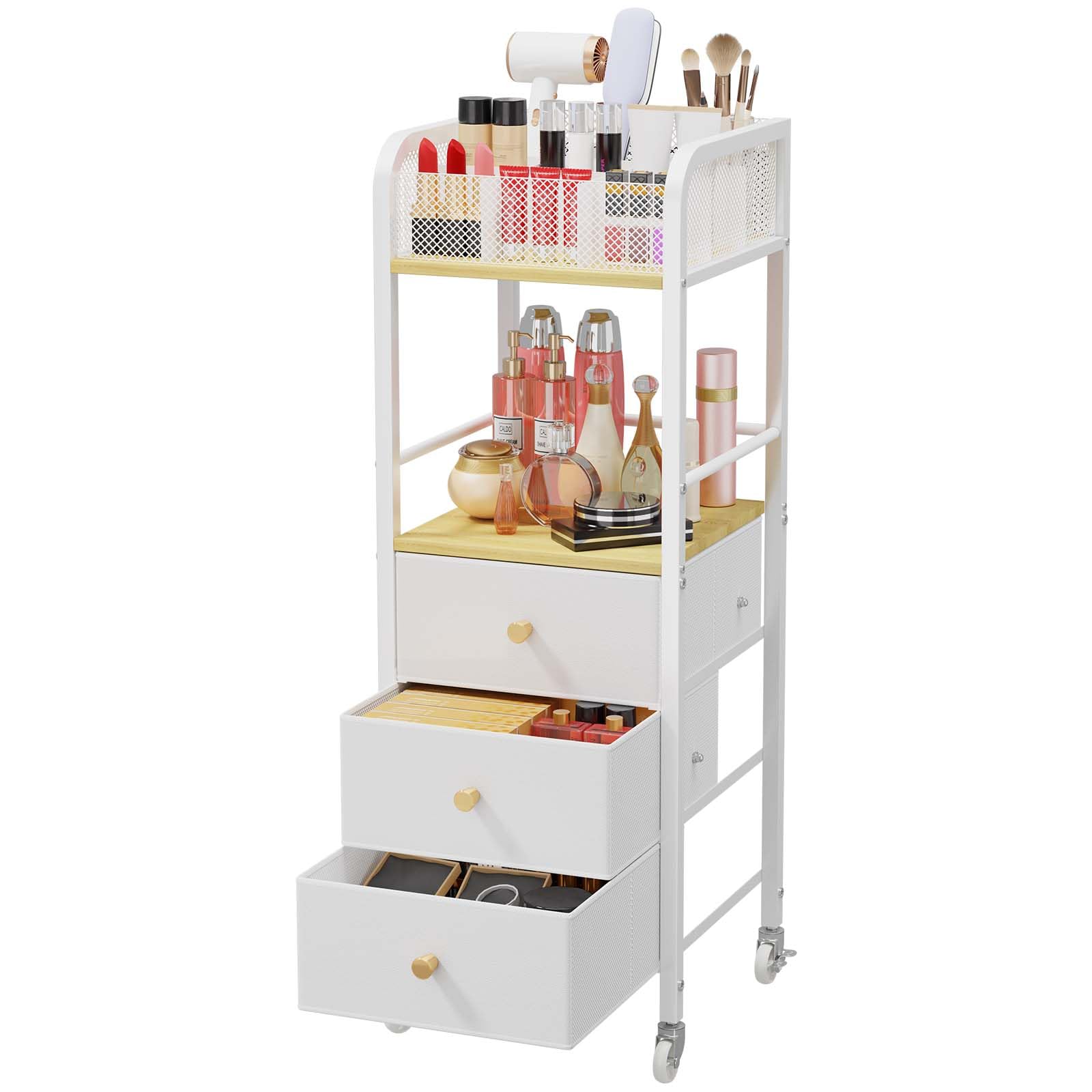 HapiRm Carrito organizador de maquillaje rodante, vista superior para ordenar cosméticos y herramientas.