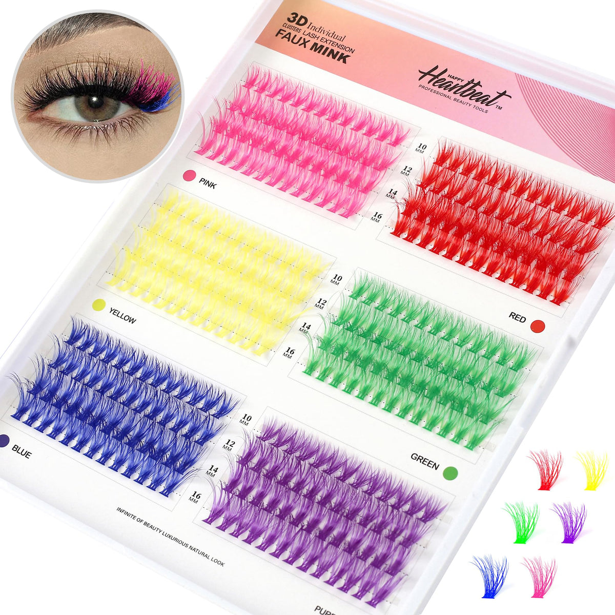 Pestañas 3D coloridas de Happy Heartbeat en racimos, rizo C, look voluminoso y natural