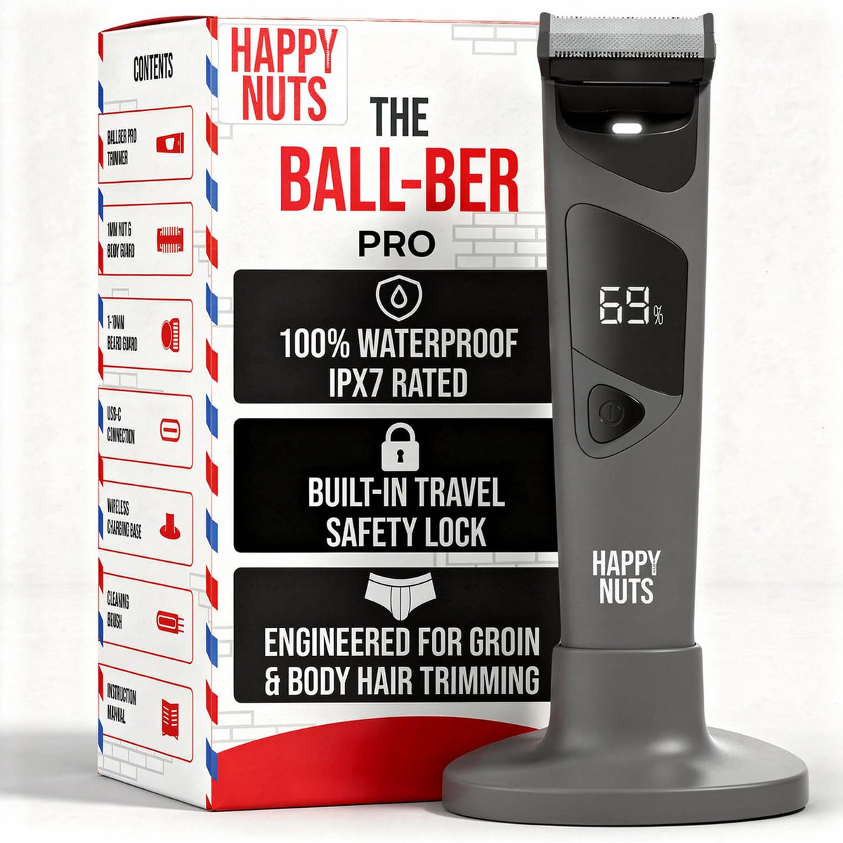 HAPPY NUTS Ballber Pro muestra diseño ergonómico de doble corte para zonas difíciles