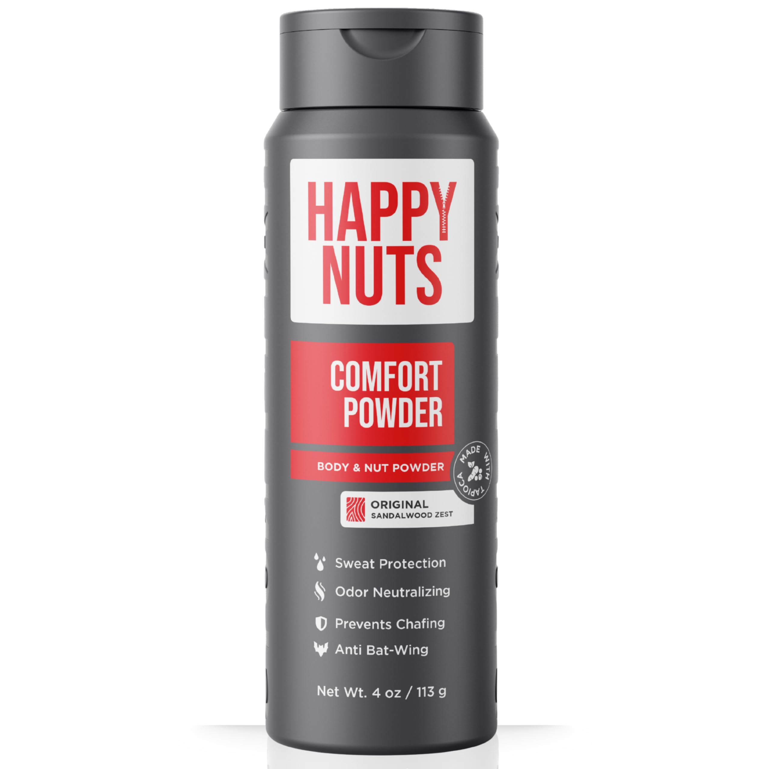 Happy Nuts Comfort Powder Deodorant en envase, protección duradera contra sudor.