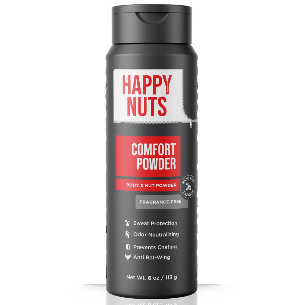 HAPPY NUTS Comfort Powder: envase y aplicación para uso diario y sensación fresca.