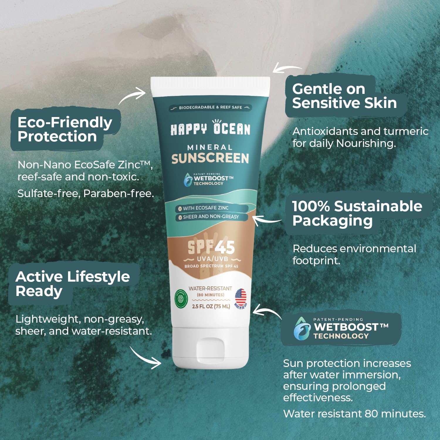 Happy Ocean SPF 45: textura ligera para uso diario sin grasa.