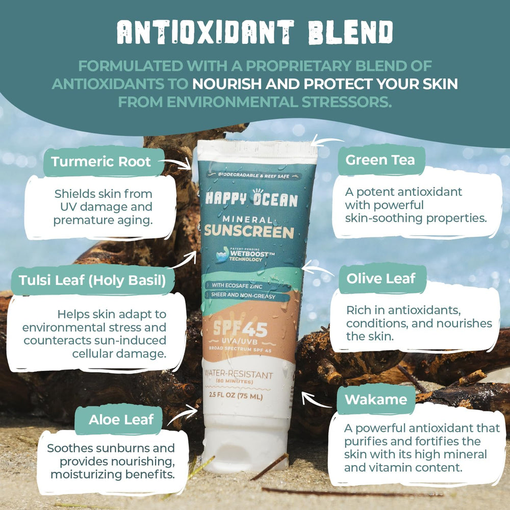 Happy Ocean SPF 45: uso diario para rostro y cuerpo, sin fragancia.