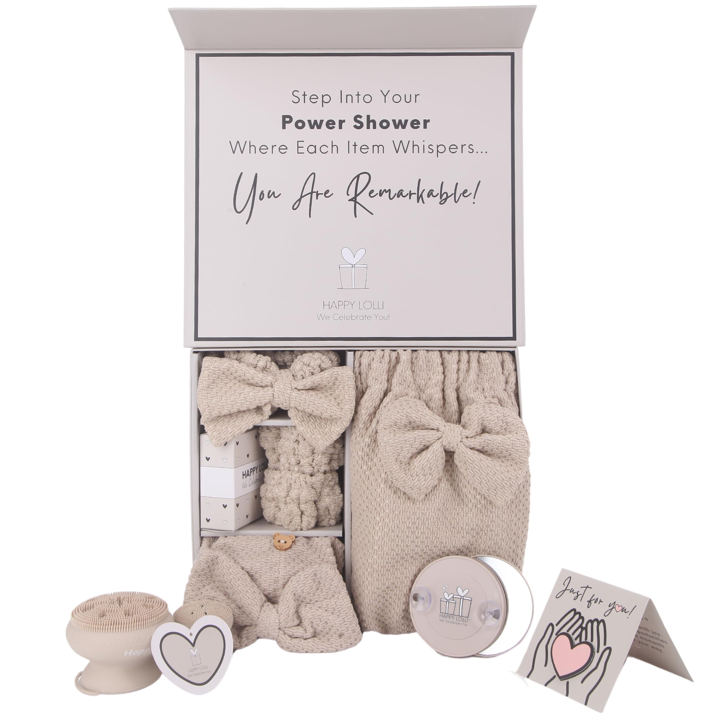 Happy Lolli conjunto ducha regalo beige dentro de una caja elegante.