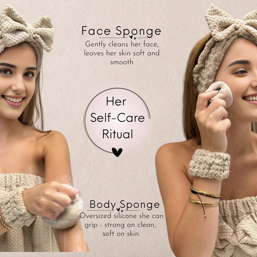 Diadema toalla beige, mantiene el cabello recogido durante la rutina.