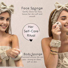Diadema toalla beige, mantiene el cabello recogido durante la rutina.