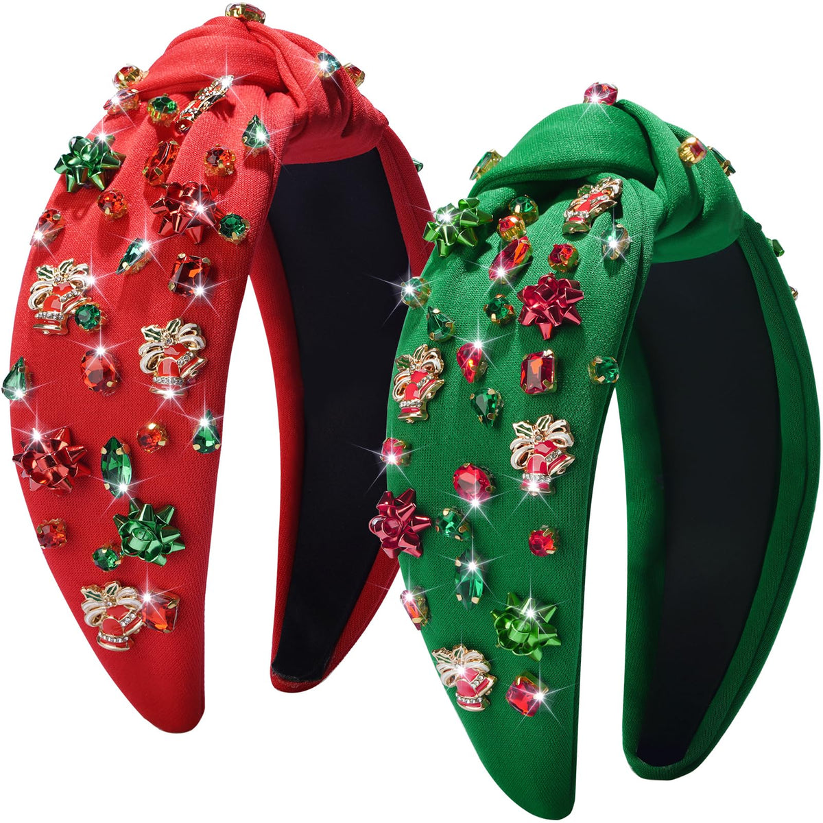 Haqptul diadema navideña con nudo rojo y strass para fiestas brillantes