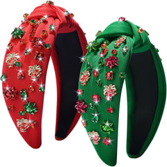 Haqptul diadema navideña con nudo rojo y strass para fiestas brillantes