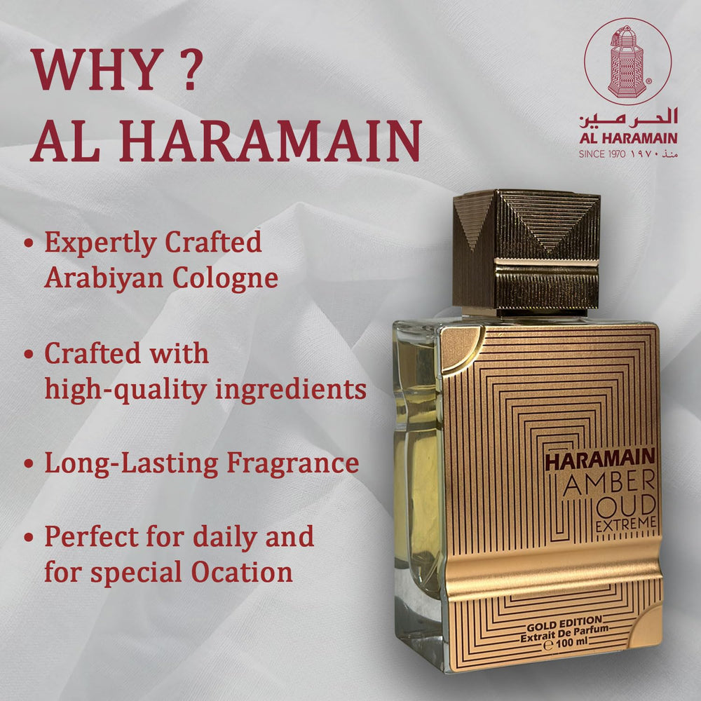 Al Haramain Amber Oud Extreme EDP, presentación en caja dorada, ideal para regalo elegante.