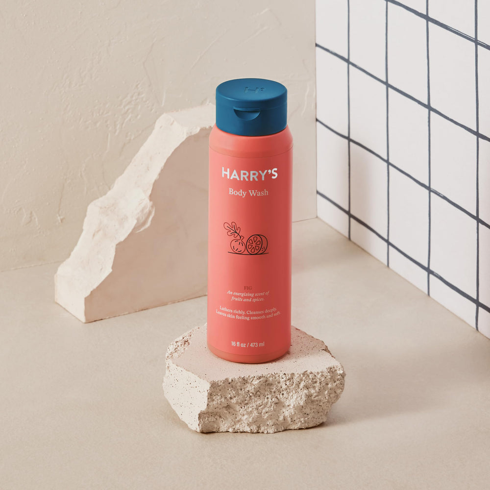 Harry's Fig Scent product showing after-shower soft skin result.