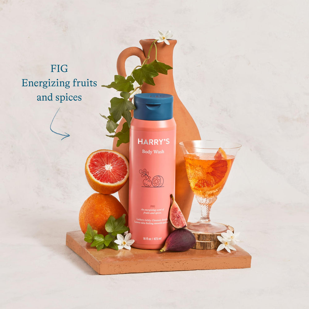 Harry's Fig Scent label highlights paraben-free, sulfate-free, and dye-free formula.