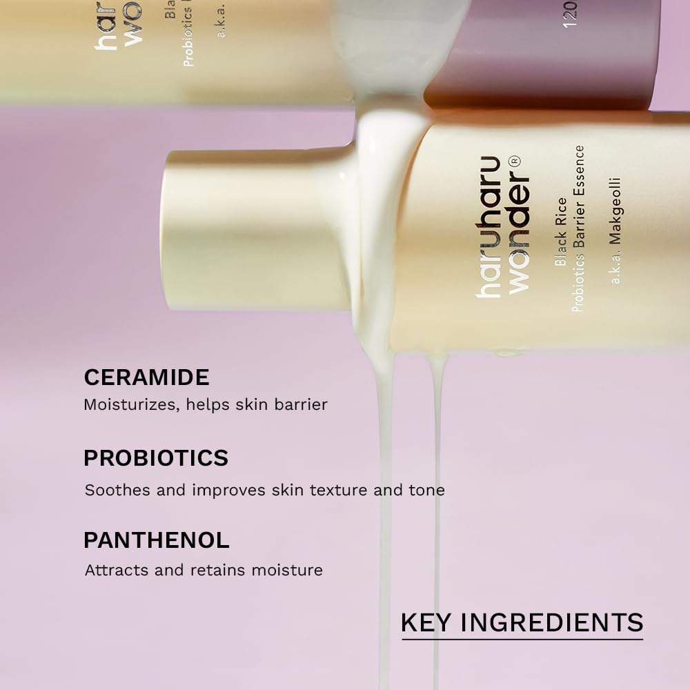 HARUHARU Wonder Black Rice Probiotics Barrier Essence premier plan sur les céramides et probiotiques.