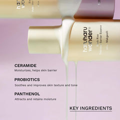 HARUHARU Wonder Black Rice Probiotics Barrier Essence premier plan sur les céramides et probiotiques.