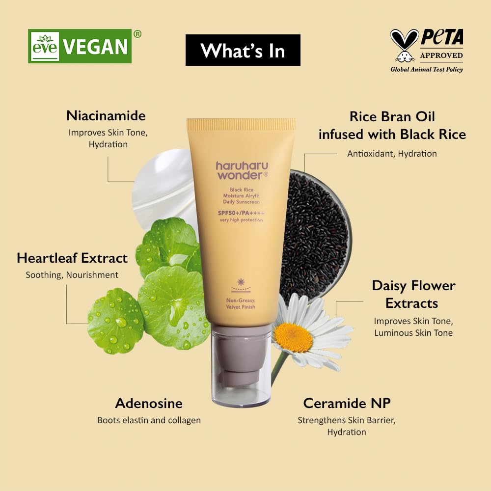 HARUHARU Wonder Black Rice Sunscreen muestra textura ligera para uso diario cómodo.