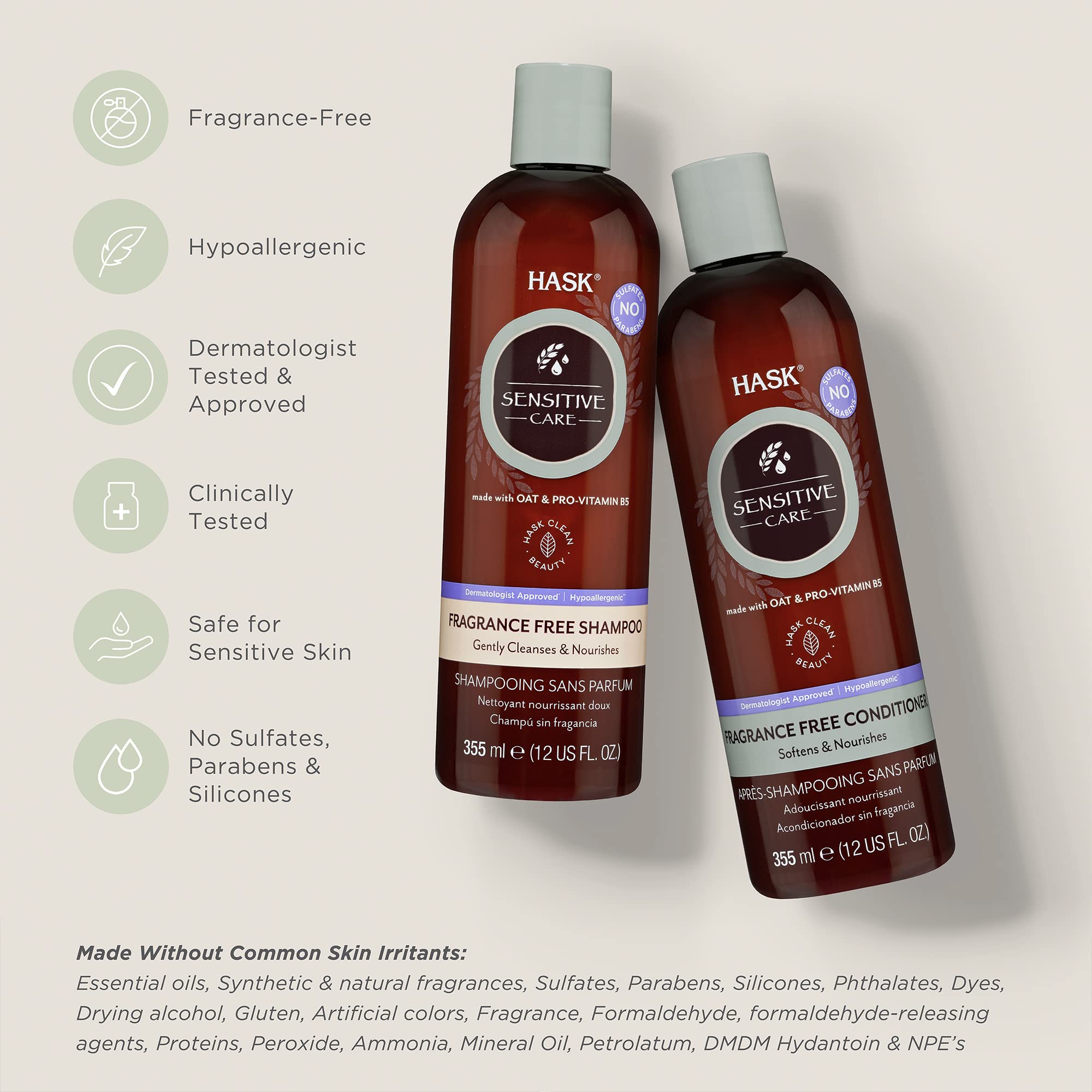 Acondicionador HASK Sensitive Care en botella, cabello suave y manejable.