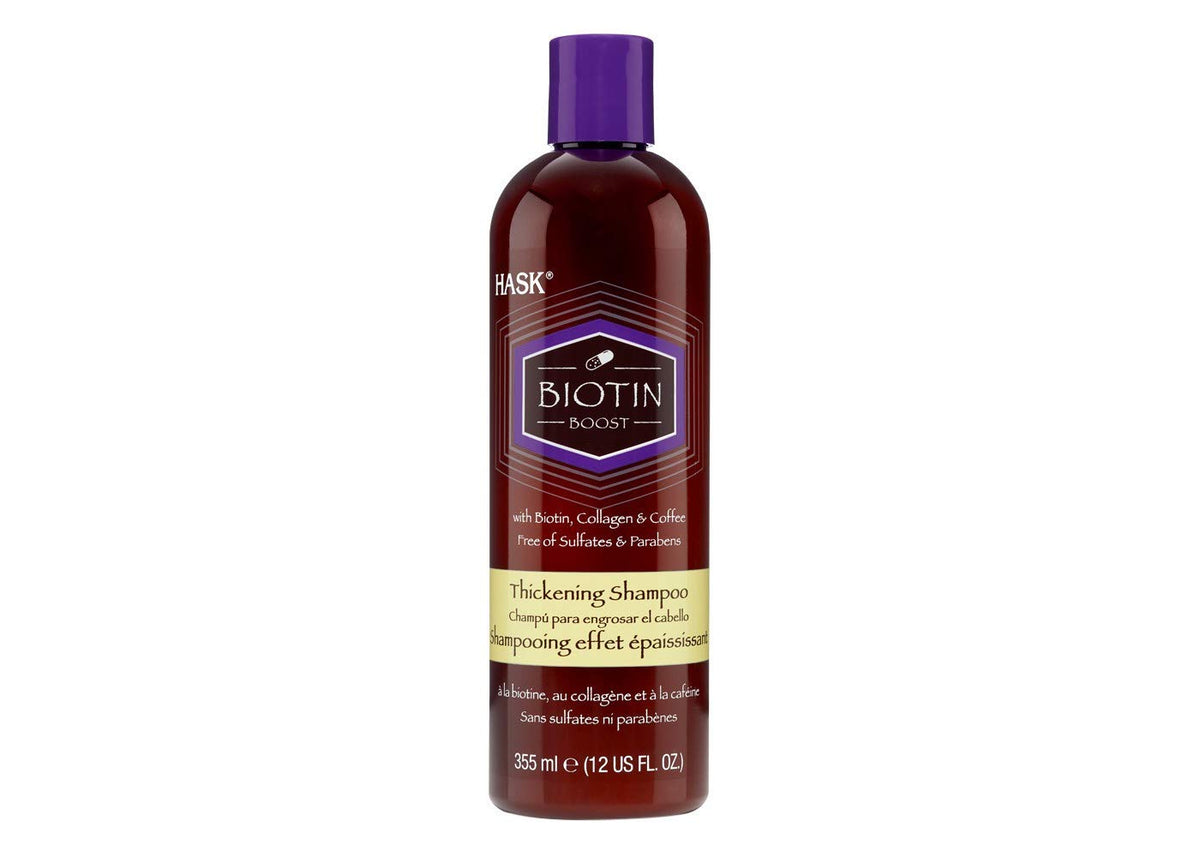HASK Biotina Impulso Engrosante Champú en botella para volumen del cabello.