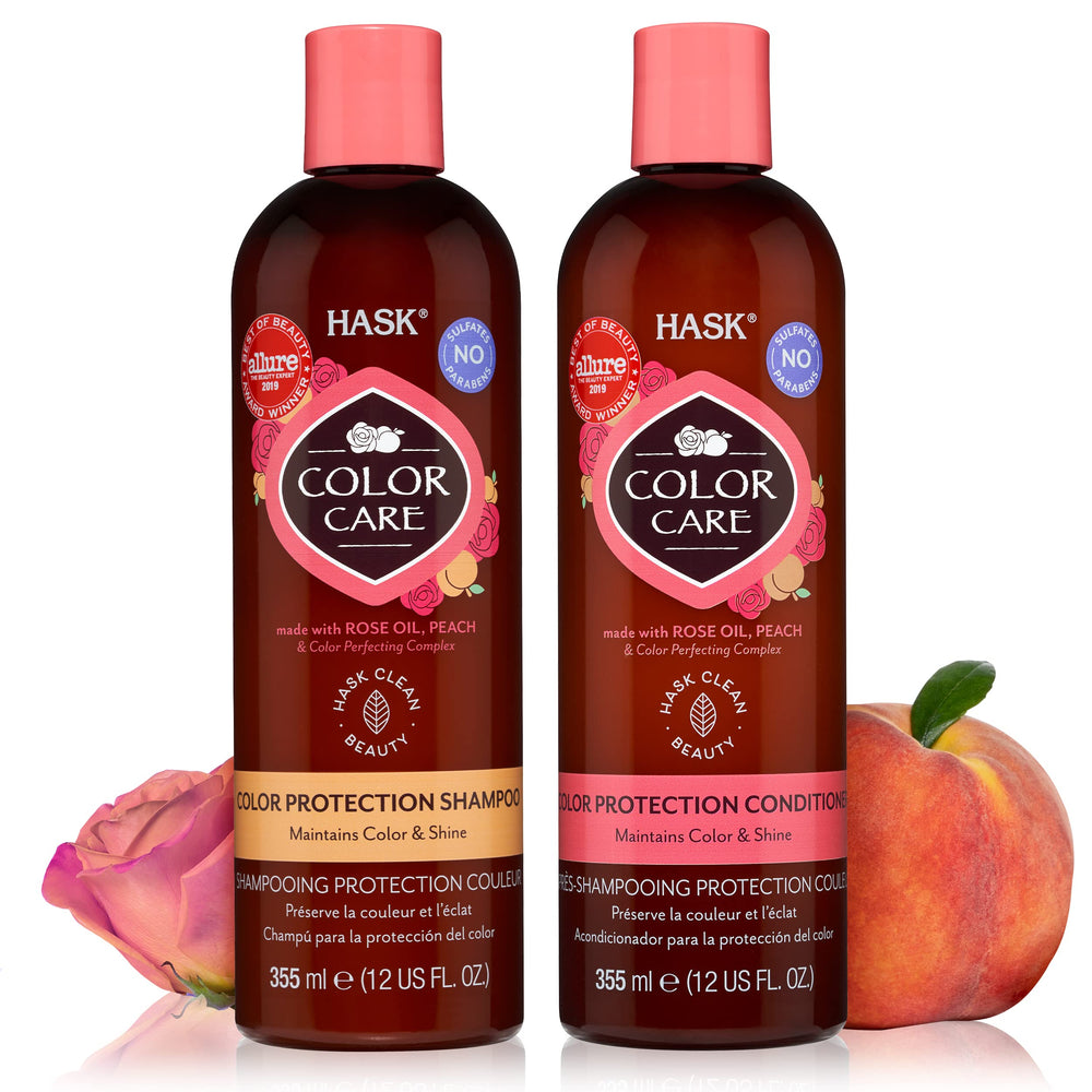Botella de HASK Color Care Shampoo destacando cuidado suave para color.