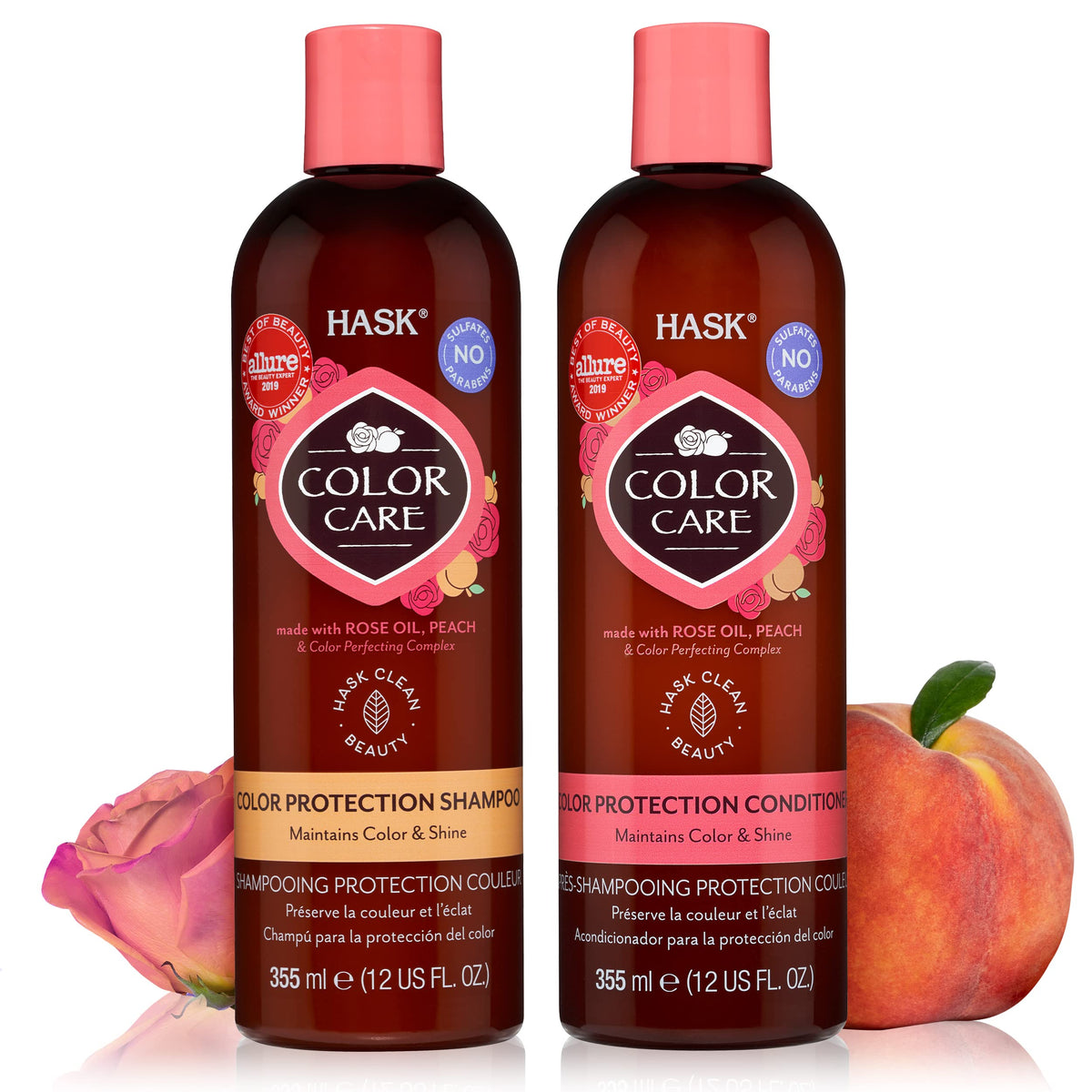 Botella de HASK Color Care Shampoo destacando cuidado suave para color.