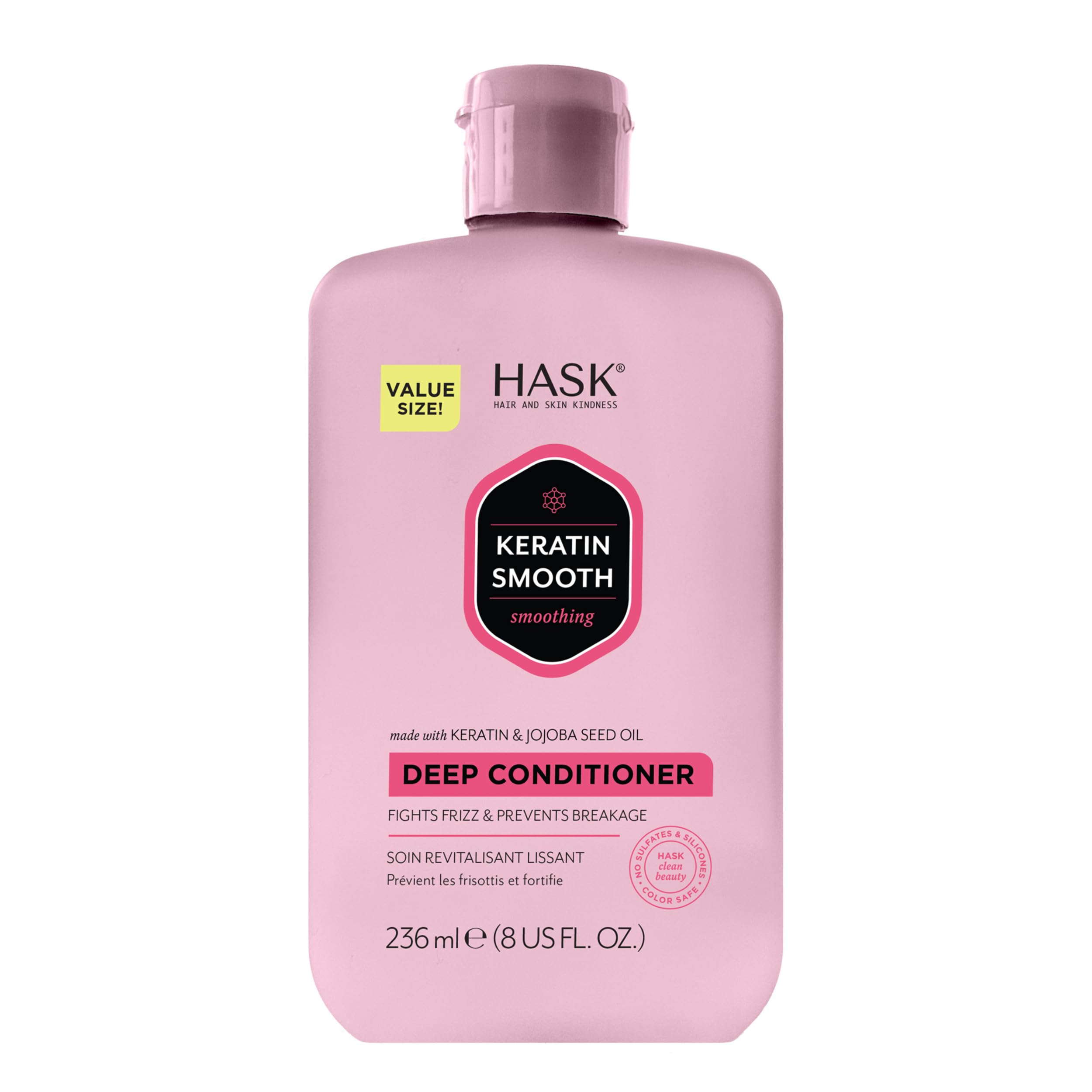 Botella de HASK Keratina para cabello suave y sin frizz.