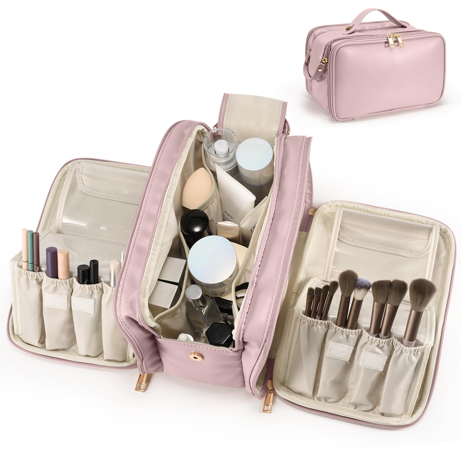Bolso de maquillaje HauteHues para viaje con apertura amplia y vista rápida