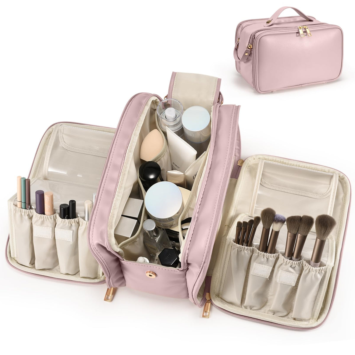 Bolso de maquillaje HauteHues para viaje con apertura amplia y vista rápida