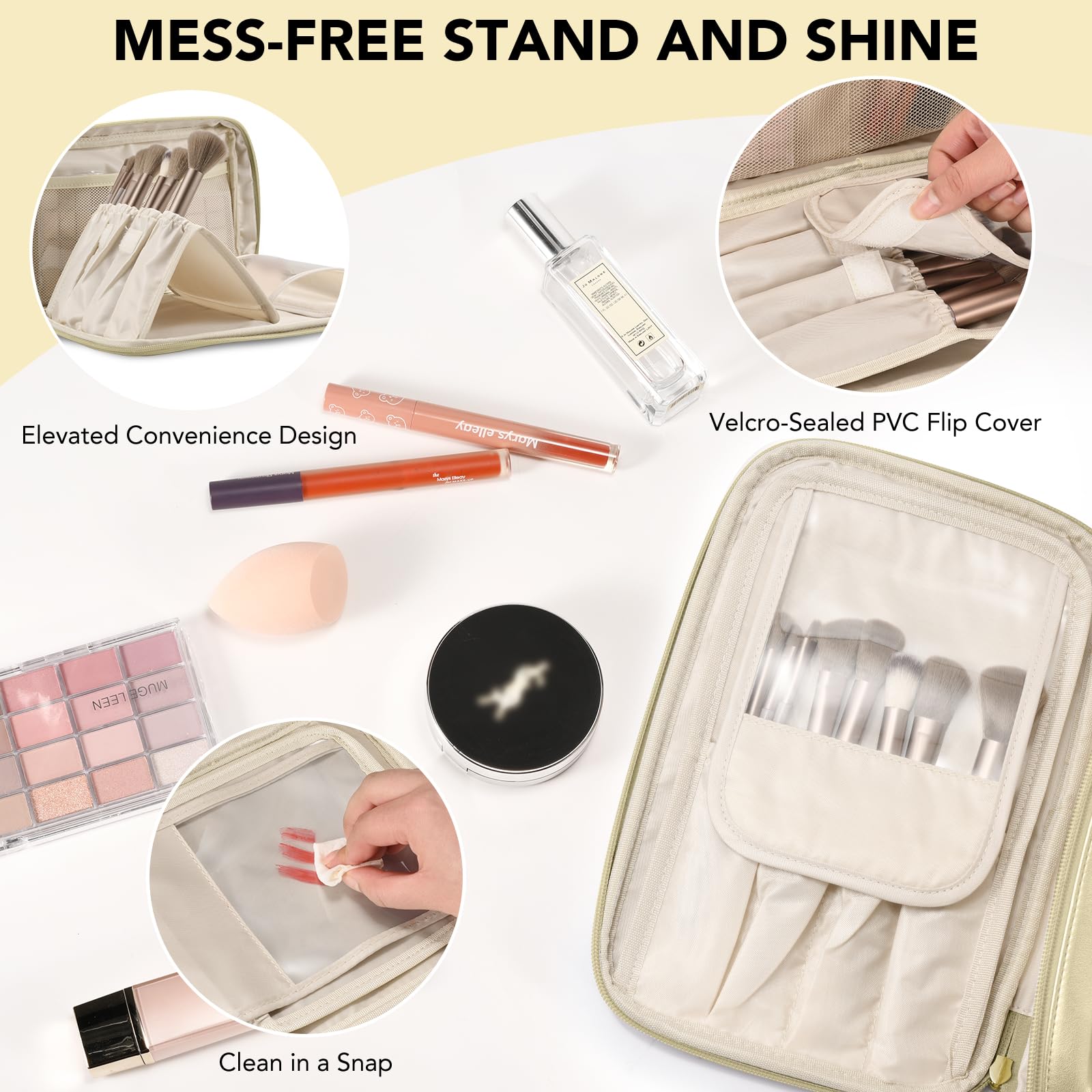 Organizador HauteHues con bolsillos múltiples para cosméticos y herramientas.