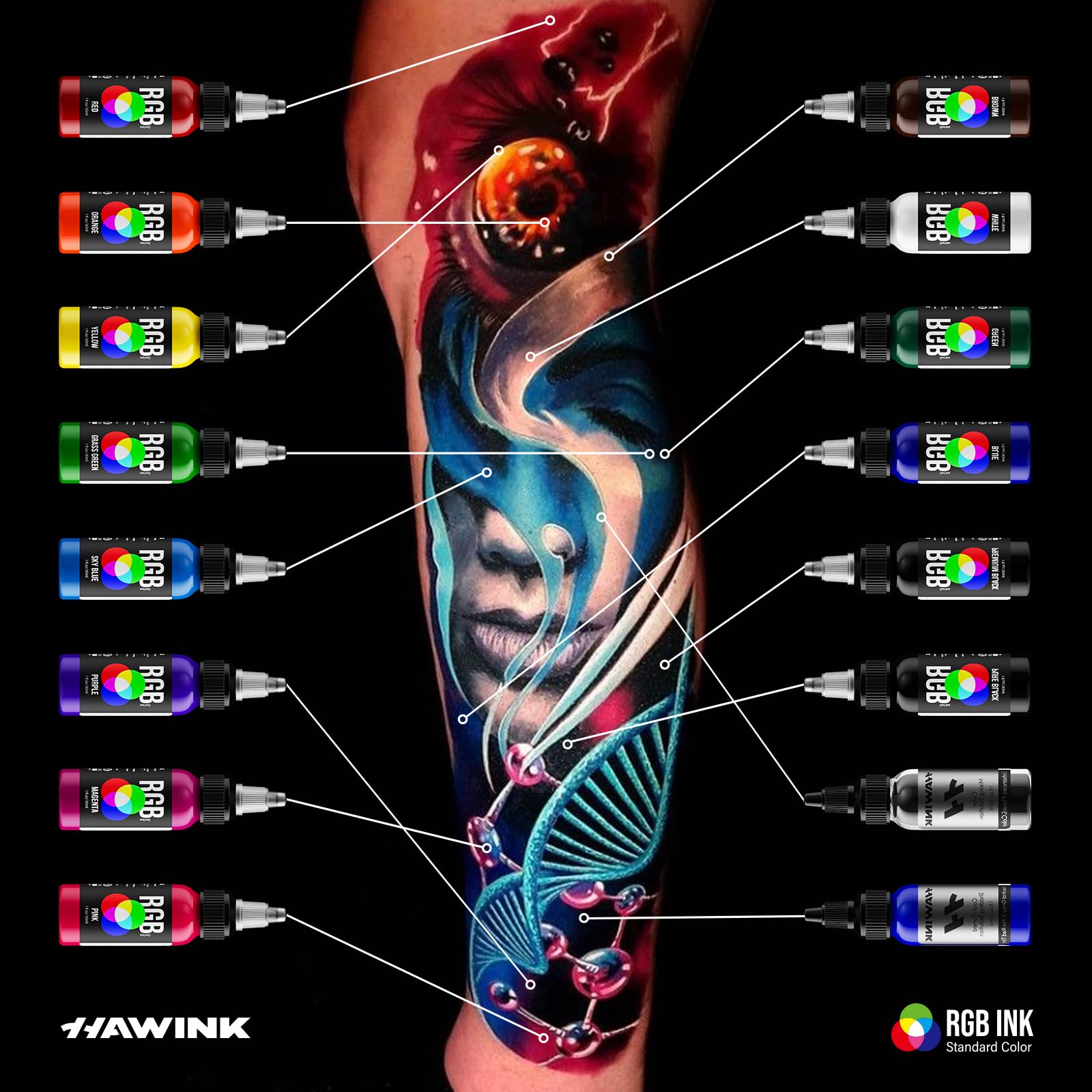 HAWINK paleta de 14 colores para trabajos de tatuaje.