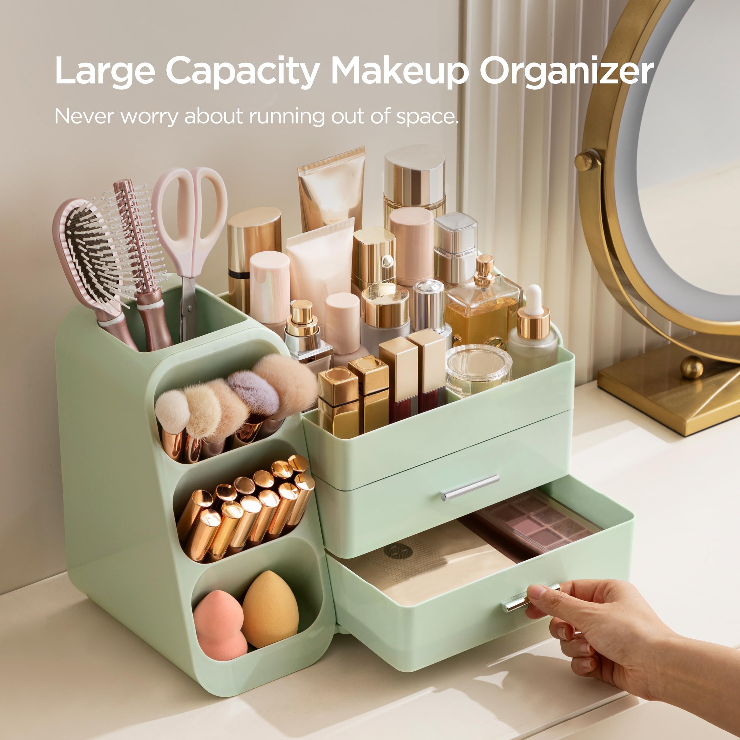 Espacio HBlife para productos de cuidado de la piel y herramientas, ideal para baño o escritorio.