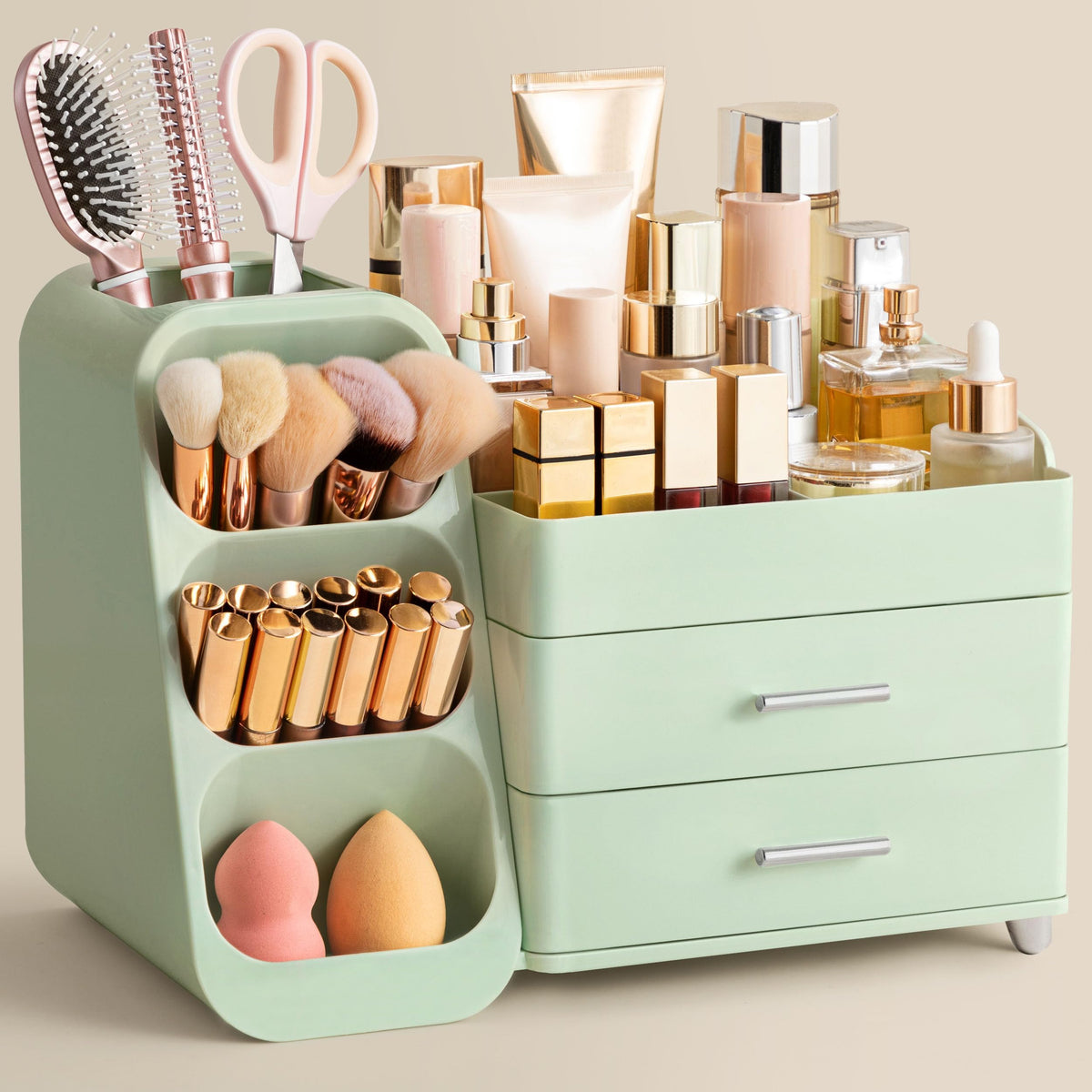 HBlife organizador de maquillaje con porta brochas para tocador, gran capacidad.