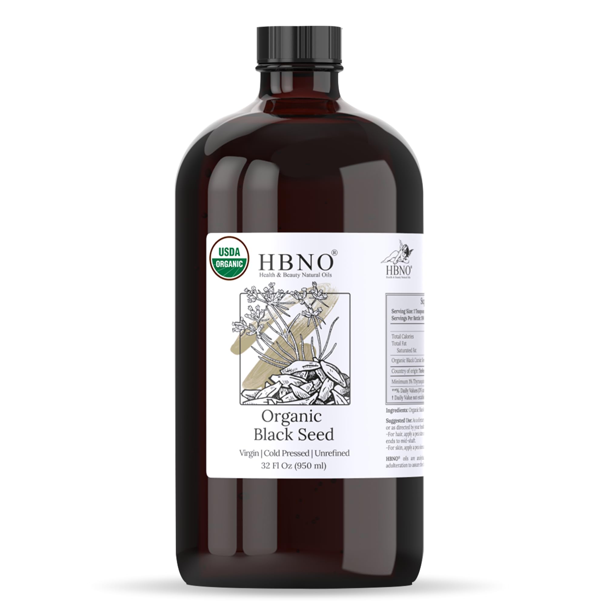 HBNO Aceite de semilla negra orgánico en botella de vidrio 950 ml para rostro