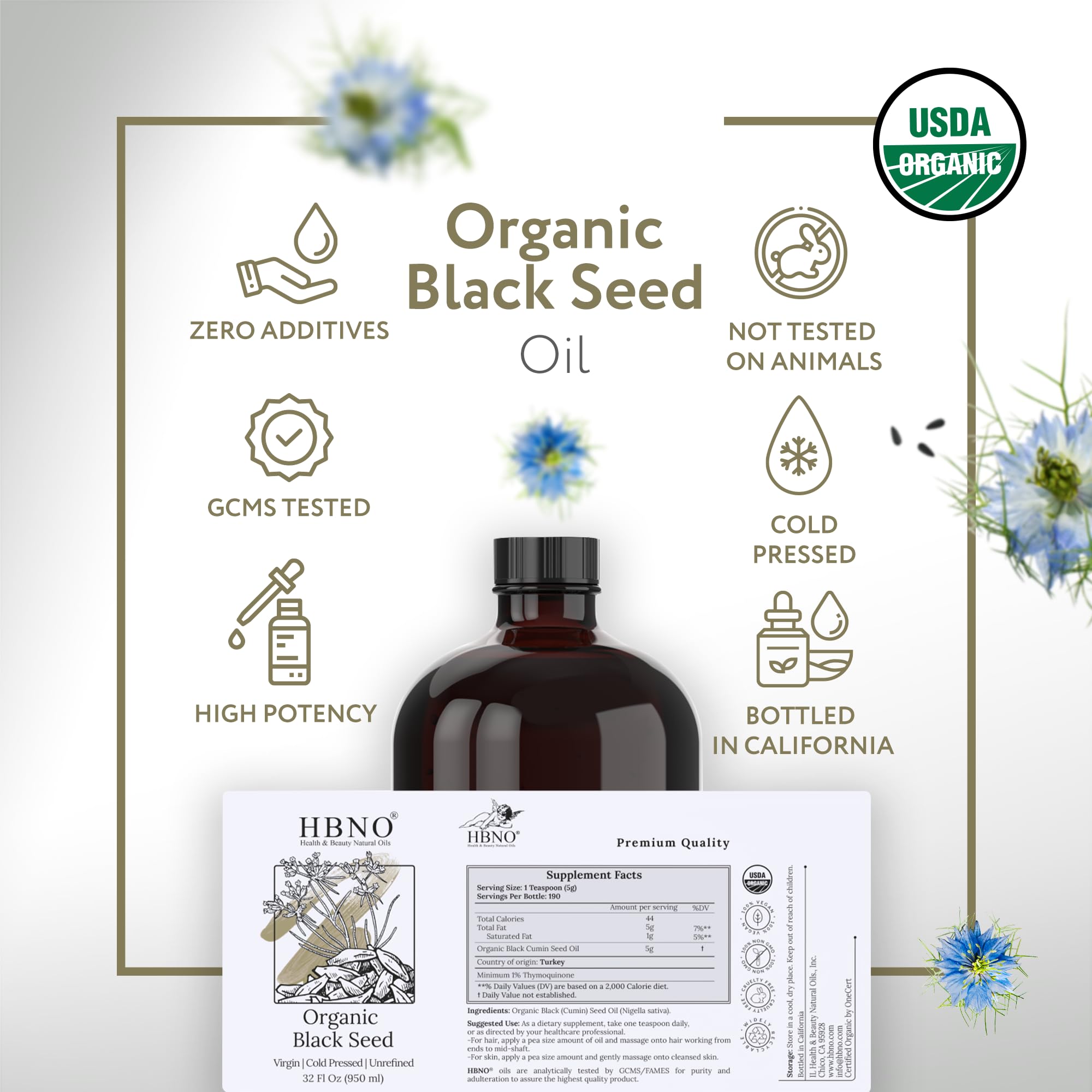 HBNO Aceite de semilla negra para labios en botella de vidrio 950 ml