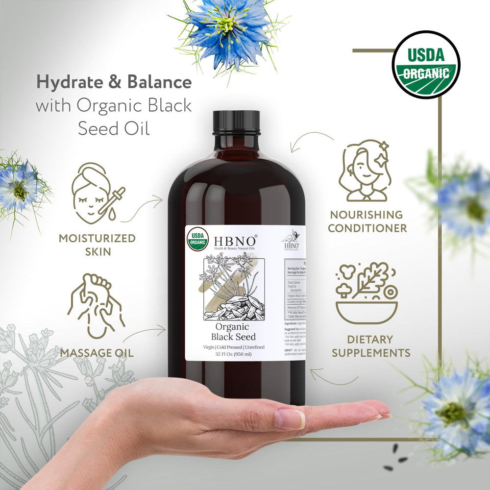HBNO Aceite prensado en frío de semilla negra en botella de vidrio 950 ml para cuerpo