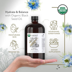HBNO Aceite prensado en frío de semilla negra en botella de vidrio 950 ml para cuerpo