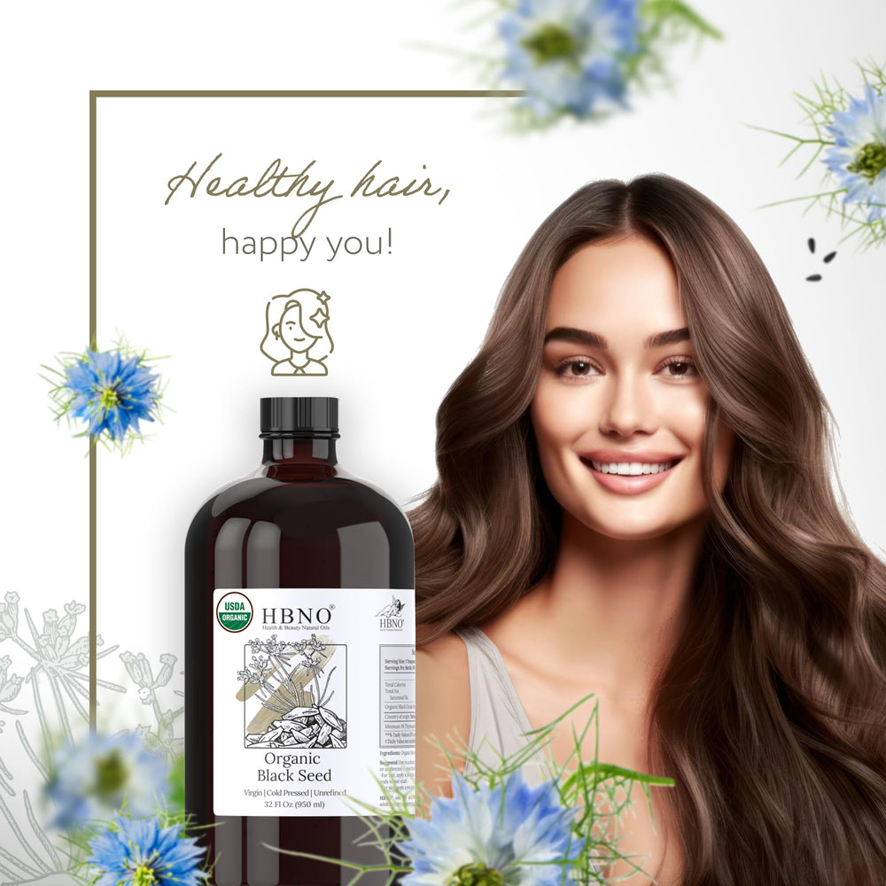 HBNO Aceite de semilla negra orgánico para rutina de belleza en botella de vidrio 950 ml