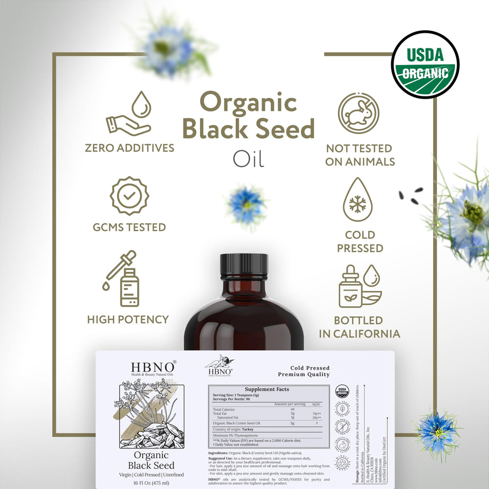 HBNO Black Seed Oil on countertop ready for daily facial, body, or hair use