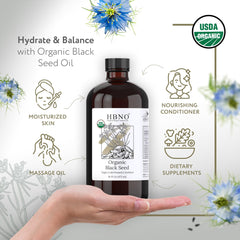 HBNO Black Seed Oil pour spout on amber bottle for easy application
