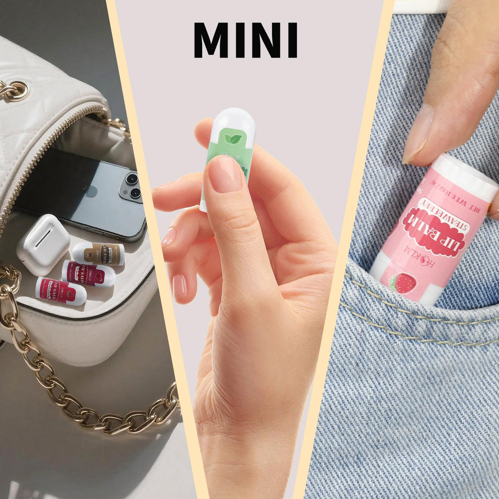 HCKLM mini lip balm strawberry flavor revitalizes lips with gentle moisture.