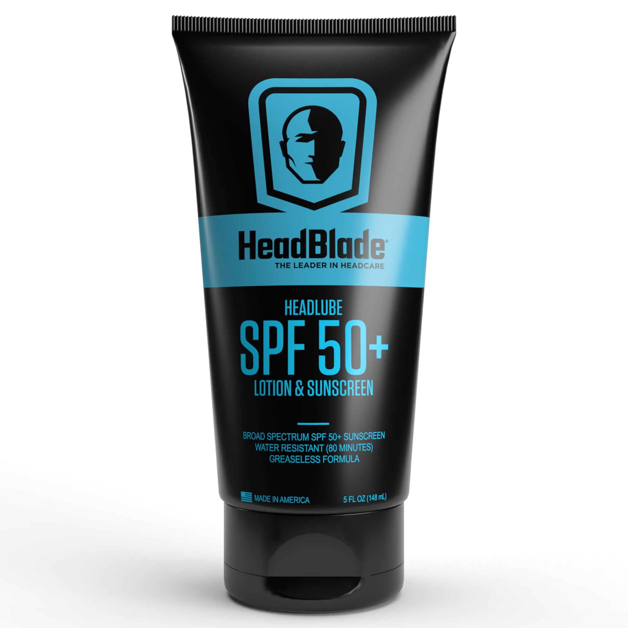 HeadBlade HeadLube SPF50: botella compacta para protección solar diaria sin grasa.