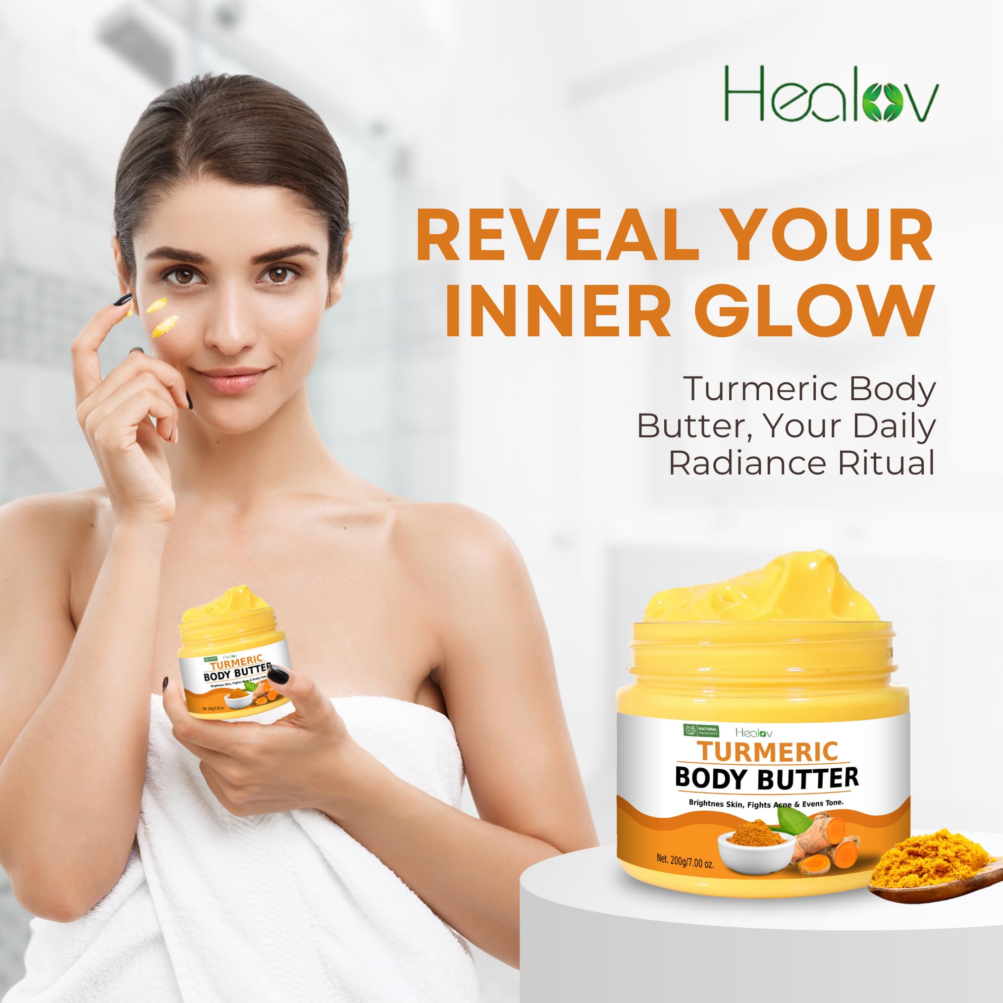Healov Curcuma Crema Facial: primer plano muestra tono uniforme.