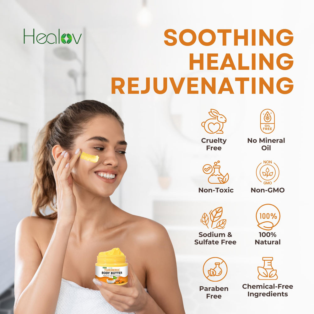 Healov Curcuma Manteca Corporal Batida: envase compacto para el cuidado corporal.