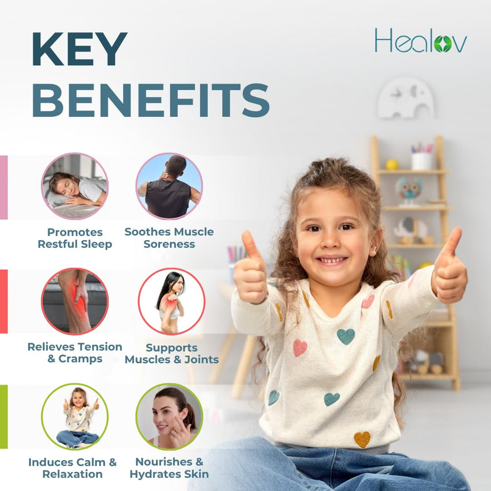 Healov loción de magnesio para niños, aplicación suave tras el juego para relajar músculos.