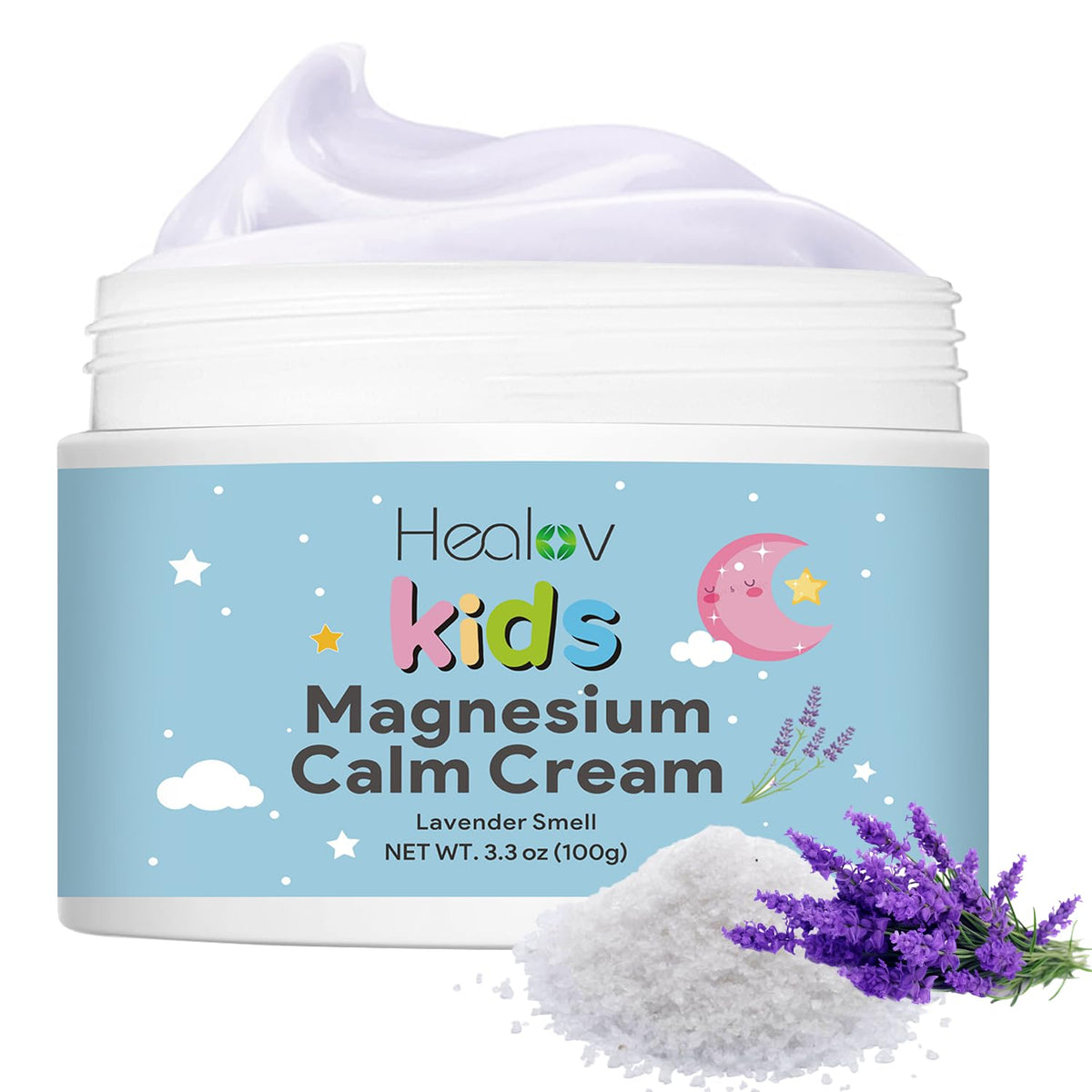 Healov loción de magnesio para niños, botella visible para relajación suave.